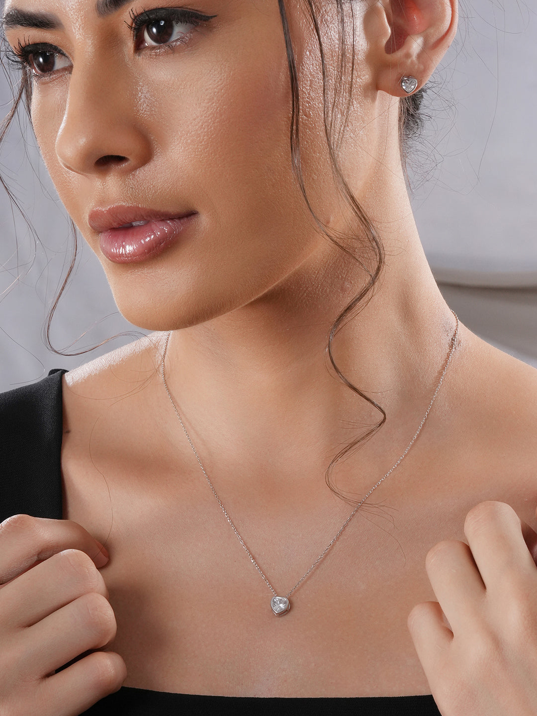 925 Sterling Silver CZ Studded Solitaire Heart Shaped Pendant Jewellery Set